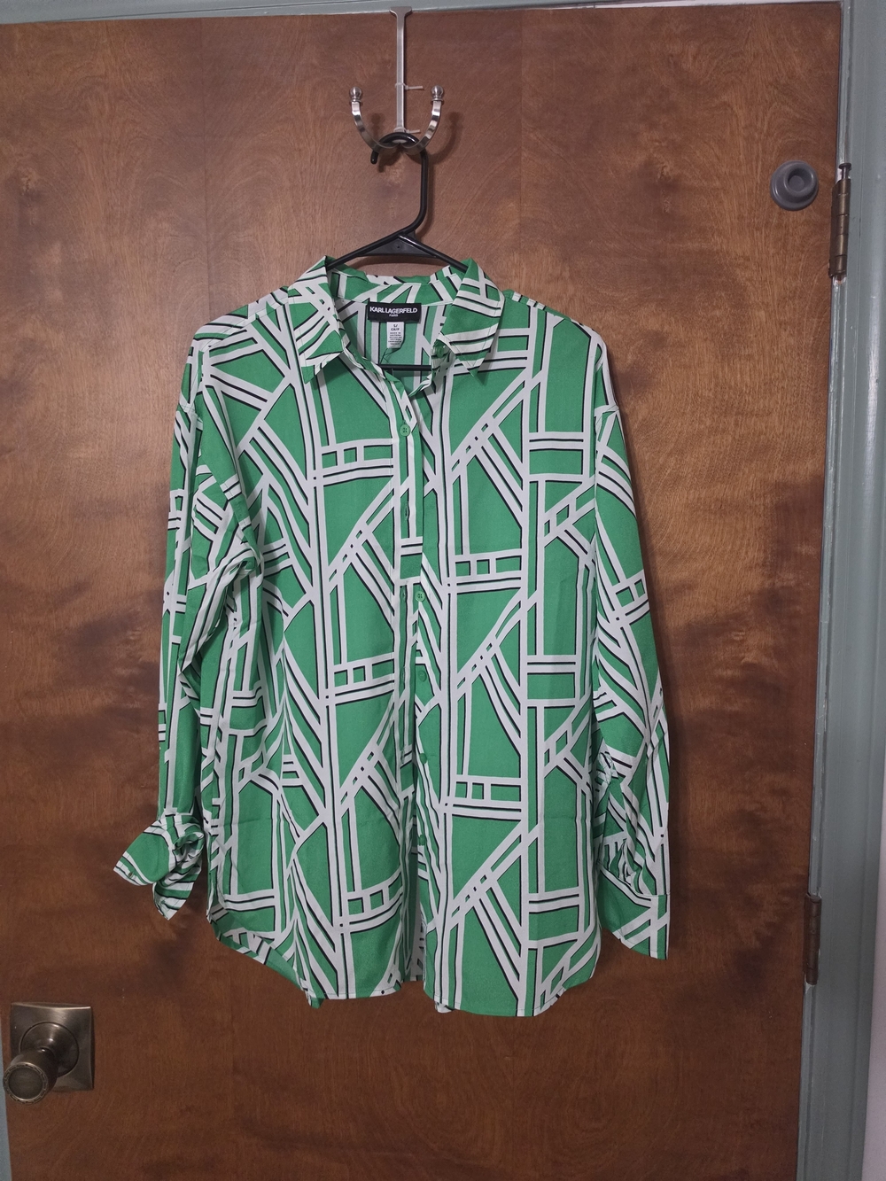 Karl Lagerfeld Green and White Geometric Button-Down Shirt